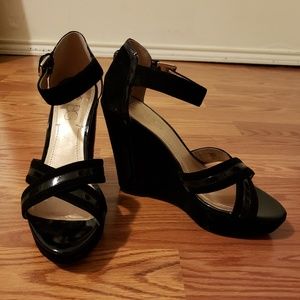 Black strappy wedge heels, BCBG Paris